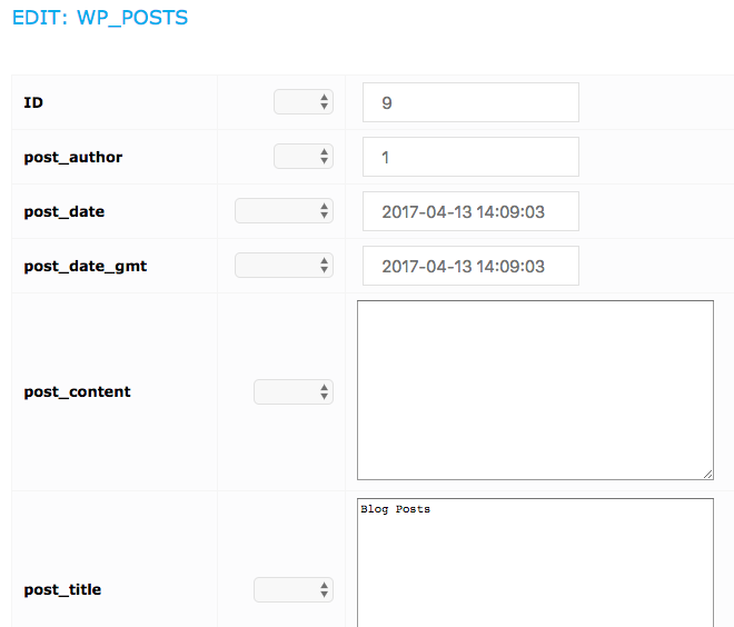 wp_posts table with projects in the UpStream database